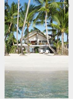 a white house sitting on top of a sandy beach next to palm trees and water