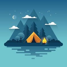 a tent in the woods with a campfire