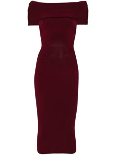 Find MUGLER Off-shoulder Knitted Mididress on Editorialist. blood red knitted construction off-shoulder fitted waistline mid-calf length