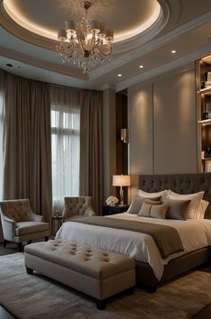 a bedroom with a large bed and a chandelier above it in front of a window