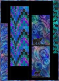 an abstract painting with cats and swirls in blue, green, purple and black