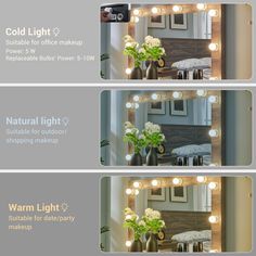 three images showing different ways to light up a bedroom's vanity mirror with lights