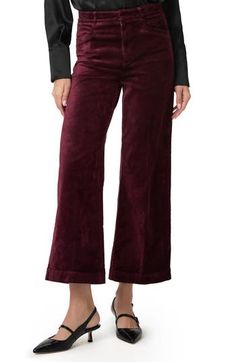 Luxe stretch velvet lends a glamorous feel to trouser-inspired pants flaunting a high waist and ankle-grazing wide legs. 27" inseam; 22 1/2" leg opening; 11 1/2" front rise Zip fly with button and hook-and-bar closure Front welt pockets; back welt pockets 54% cotton, 44% rayon, 2% spandex Dry clean or machine wash, dry flat Imported Velvet Pants, Stretch Velvet, Welt Pocket, Bottoms Pants, Womens Bottoms, Wide Leg, Trousers, Nordstrom, Velvet