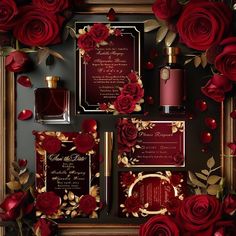 an assortment of red roses and wedding stationery