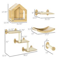 the measurements for an animal house and cat tree are shown in three different sizes, including one