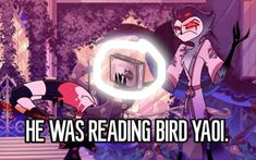 an animated image with the caption he was reading bird yao