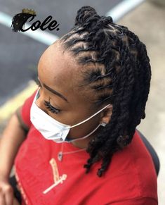 Simple Women Loc Styles, Short Loc Twist Styles, Barrel Twist Locs Women Short, Office Loc Styles, Loc Styles On Short Hair For Women, Dreads Black Women Styles, Back To School Dreadlock Hairstyles, Dreads Styles For Women Black Short, Crown Loc Styles For Women