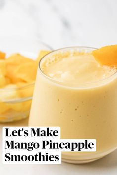 mango pineapple smoothie in a glass next to sliced bananas