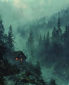 a cabin in the woods on a foggy day