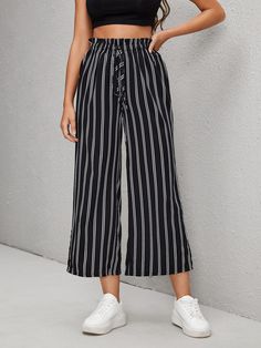 Black and White Casual   Polyester Striped Wide Leg Embellished Non-Stretch Spring/Summer/Fall Women Bottoms Paper Bag Pants, Bag Pants, Women Pants, Ankle Pants, White Casual, Wide Leg Trousers, Drawstring Waist, Leg Pants, Wide Leg Pants