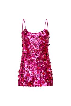 Party perfection with the Rutherford Dress. This epic mini stuns in a vibrant jewel pink. Designed to turn heads, this piece features with spaghetti straps and a body-skimming A-line silhouette, a textural mix of sequined and embroidered elements, including paillette flowers, sequins, rhinestones, and rubies, all hand-embroidered for a luxurious, radiant finish. Fuchsia Mini Dress, Retrofete Mini Dress, Pink Embellished Mini Dress, Pink And Red Outfit, Pink Sequin Party Dress, Sorority Dresses, Bday Outfits, Sequin Slip Dress, Valentines Dress