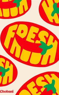 four stickers with the words fresh mush on them in red and yellow colors