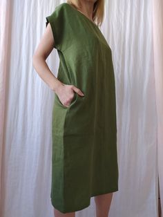 "Linen dress for women, it's elegant, minimalist, and is sure to compliment every occasion, from formal gatherings to outings with friends. Made from 100% European flax, length is ± 110 cm (43\") Before placing an order, check the approximate measurements given below. If you are unsure about your size or would like to adjust the length of the item, you could leave your personal measurements (height, bust, waist and hips) in a personalization box. SIZE and FIT Size XS Bust 85cm / Waist 66cm / Hip Elegant Linen Dress With Side Slits, Linen Dress With Side Slits, Plain Linen Spring Dress, Linen Dress With Straight Neckline For Daywear, Solid Color Tunic Dress For Daywear, Linen Maxi Dress With Side Slits, Solid Plain Linen Dress, Minimalist Summer Maxi Dress, Linen A-line Shift Dress