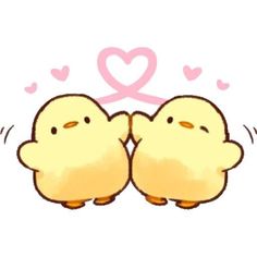 two little chicks are standing next to each other with hearts in the air behind them