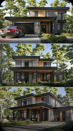 four different views of a modern house with lots of trees in the front and side