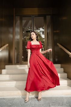 Red Fitted A-line Satin Dress, Red Satin A-line Dress, Ruched A-line Bridesmaid Dress, Silk A-line Dress With Ruched Detail, Formal Ruched Maxi Dress With Square Neck, Red Satin Dress For Banquet, Formal Silk Dress With Square Neck, Formal Silk Square Neck Dress, Silk Square Neck Party Dress