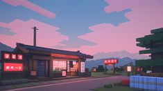 an animated image of a small building with red lights in the front and mountains in the back