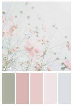 the color palette is pale, pink and grey with some white flowers in front of it