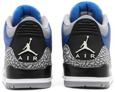 The Air Jordan 3 Retro ‘Varsity Royal’ showcases an OG-inspired look . complete with signature details inextricably tied to Jordan heritage. They include embroidered Jumpman branding atop the tongue . visible Air cushioning in the midsole and grey elephant-print overlays at the toe and heel. The tumbled leather upper is rendered in a royal blue finish . a non-Chicago hue that figures prominently throughout the history of the franchise. A second Jumpman logo adorns the molded heel pan Jordan 1 Milan, Air Jordan 1 Obsidian, Jordan 1 Obsidian, Air Jordan 1 Chicago, Authentic Jordans, Air Jordan 9, Jordan 3 Retro, Jumpman Logo, Black Cement