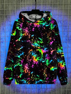 Loose Fit Men's Plus Reflective Splash Ink Print Hoodie Multicolor Casual  Long Sleeve Knitted Fabric Graphic  Slight Stretch  Men Plus Size Clothing, size features are:Bust: ,Length: ,Sleeve Length: Cybergoth Clothes, Apex Twin, Custom Computers, Neon Clothing, Galaxy Hoodie, Printed Hoodie Men, Neon Outfits, Men Plus Size, Plus Size Hoodies