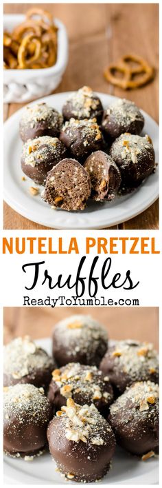 nutella pretzel truffles on a white plate with the title overlay