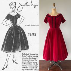 A Beautiful Early 1950s Party Dress! Made From A Rich Crimson Velveteen, This Classic Dress Features A Flattering Scoop Neckline, Short Sleeves, A Nipped Waist, And A Full, Pleated, Midi Length Skirt. It Features Contrasting Black Braided Trim Around The Collar, Cuffs, And Down The Front As Well As Functional Front Black Buttons. Side Metal Zipper Closure. I Found Several Newspaper Ads That Date The Dress To 1952, And It Was Also Featured In Seventeen Magazine! *Shown Styled With Petticoats Whic Classic A-line Vintage Dress For Party, Vintage Short Sleeve Dress For Party, Vintage Short Sleeve Cocktail Dress, Vintage Tea-length Evening Dress, Red Vintage Dress For Formal Occasions, 1950s Style A-line Vintage Evening Dress, Red Vintage Dress For Vintage Events, 1950s A-line Vintage Evening Dress, 1950s Style Red Party Dress