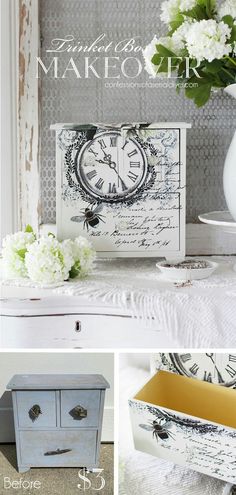 an old dresser is painted white and has flowers in the vase on top, along with other photos