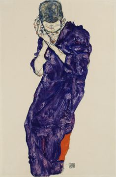 a painting of a woman with her head in her hands, wearing a purple dress