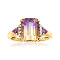 Ross-Simons - 2.70ct Ametrine Ring, .10ct t. w. Amethysts, Diamond Accents. Size 9. An RS exclusive. Lovers of unique gemstones will adore this gorgeous ring. A shimmering 2.70 carat emerald-cut ametrine boasts a mesmerizing gradient of purple to sunny yellow, flanked by .10 ct. t. w. triangular amethysts. Diamond accents add an extra dose of sparkle. Crafted in luxurious 14kt yellow gold. 3/8" wide. Amethyst and ametrine ring. Amethyst birthstones are the perfect gift for February birthdays. Ametrine Ring, Diamond Ring Cuts, Purple Stone Rings, Amethyst Birthstone, Pear Shaped Ring, Amethyst And Diamond Ring, Emerald Cut Rings, Gorgeous Ring, Jewelry Essentials