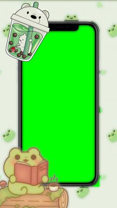 an image of a cell phone with a green screen in front of it and a teddy bear holding a book