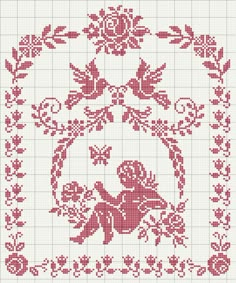 a cross stitch pattern with an image of a bird and flowers in the center, on a