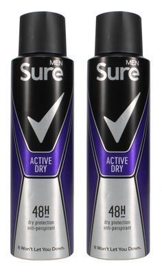 Sure Men  ACTIVE DRY Antiperspirant Deodorant 150ml x2 Sure Men Active dry anti-perspirant deodorant aerosol 150ml has been developed to give you cutting edge  protection against sweat and odour. So you're always protected for whatever happens.  It also contains Sure innovative motion sense technology.  It works like this: unique micro capsules sit on the surface of your skin.  When you move, friction breaks those micro capsules and they release more fragrance.  So every time you move, motion sense keeps you fresh and free from odour.  Whether you're working hard in the office, playing hard out and about or just meeting up with friends,  Sure Men Active dry will give you all the back-up you need. It won't let you down.  Sure Men Active dry has an all-day fresh and airy fragrance with a cle Let You Down, Antiperspirant, Play Hard, Working Hard, Want You