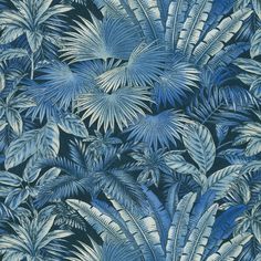 a blue and white wallpaper with lots of palm trees on it's sides