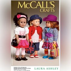 three dolls standing next to each other in front of a book cover that says, mccall's crafts