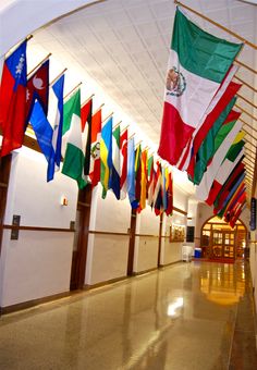 many flags are hanging from the ceiling in a building