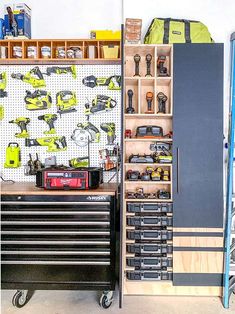 10 Clever DIY Garage Storage Ideas To Whip Your Space Into Shape Storage Workbench, Overlay Cabinet Hinges, Hanging Ladder, Mitre Saw Station, Garage Workshop Plans, Small Parts Organizer, Garage Organizer, Garage Organization Tips