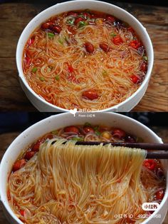 two bowls of noodles with chopsticks in them and one bowl has noodle