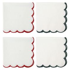 four napkins with scalloped edges in red, white and black on a white background