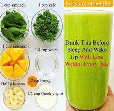 a green smoothie in a glass with ingredients to make it and how to use it