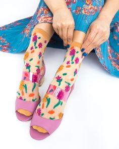 Sheer Floral Socks - Sock Candy Sock Candy, Sandals Socks, Sock Fashion, Bold Heels, Summer Socks, Socks Style, Floral Socks, Heeled Mule, Sheer Socks