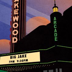 an advertisement for the big jake show in front of a building with a clock tower