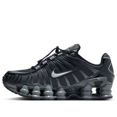 (WMNS) Nike Shox TL 'Black Iron Grey' FV0939-001 Futuristic Low-top Sneakers For Streetwear, Nike Black Technical Sneakers, Modern Black Running Shoes With Air Cushioning, Nike Black Sneakers With Reflective Details, Dynamic Black Sneakers With Reflective Details, Black Running Shoes With Reflective Details For Streetwear, Sporty Carbon Sneakers With Shock Absorption, Dynamic Carbon Running Shoes For Streetwear, Nike Running Shoes With Shock Absorption For Streetwear