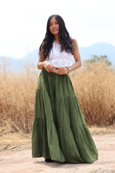 All items are shipped to Thailand Post . Free upgrade to D.H.L Express when you but 2 or more. The USA only. Please leave a phone number with orders . US sizing fits XS - XL please check the sizes in inches in the description. This lovely Boho long skirt is made from 100% cotton soft and very comfortable .The skirt is in three tiers and has a full elastic waist band .Half Lined A great piece to wear with a tight or cropped top . Its is very comfy to wear and easy to care for just wash cold cycle Long Flowy Skirt Outfit, Boho Skirt Outfit, Boho Long Skirt, Long Skirt Outfits For Summer, Green Skirt Outfits, Long Boho Skirt, Long Green Skirt, Looks Hippie, Summer Goddess