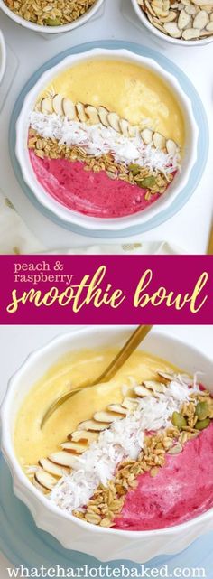 smoothie bowl with banana, raspberry and almonds in it on a table