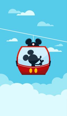 mickey mouse flying through the air on a red cable car with clouds in the background