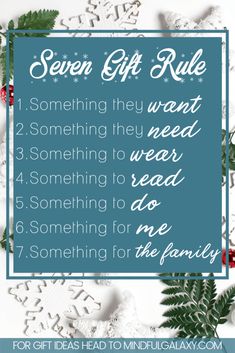 the seven gift rules for moms on christmas day with snowflakes and evergreen leaves