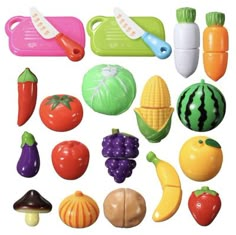 many different types of fruits and vegetables on a white background