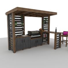 an outdoor bar with two stools and a table in front of it on a white background