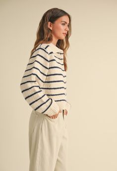 Crafted from quality knitted fabric, our 'Maine Striped Cardigan Sweater' is the perfect addition to any wardrobe. The navy stripes add a touch of nautical charm while the collar adds a touch of sophistication. Stay warm and stylish with this timeless piece. Content & Care: 55% Acrylic, 45% Cotton Hand wash cold Long Sleeve Kids, Mini Sweater Dress, Crop Top Sweater, Crop Top Blouse, Striped Cardigan, Denim Flares, Knitted Cardigan, Pant Shirt, Wide Leg Denim