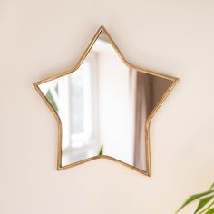 a gold star shaped mirror hanging on the side of a wall next to a potted plant